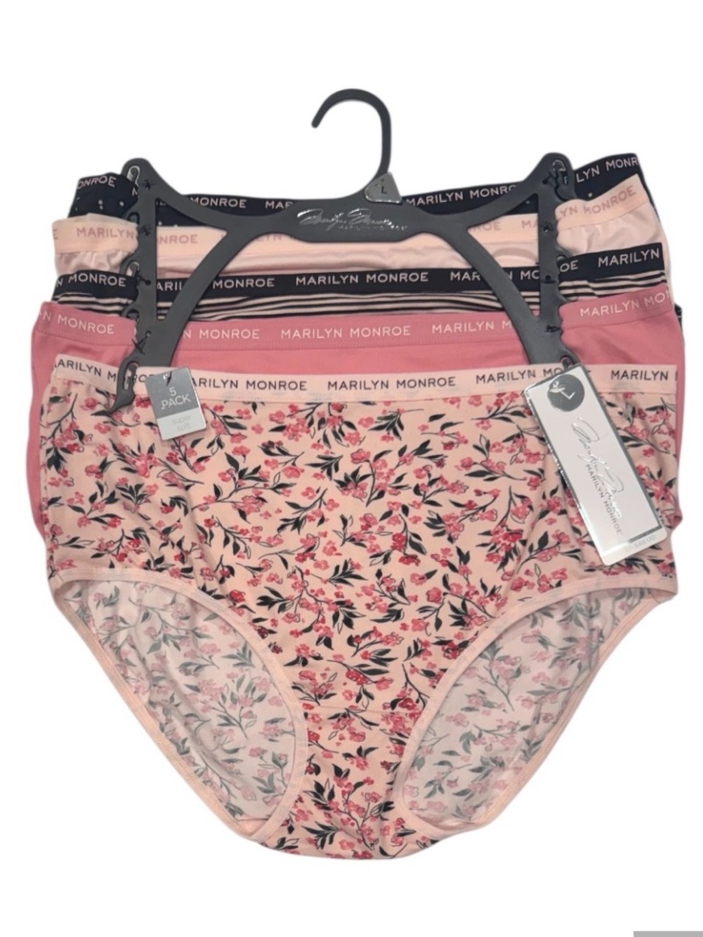 MARILYN MONROE 5 Pack Stretchy Comfy Panties Floral Striped Solids NWT Large